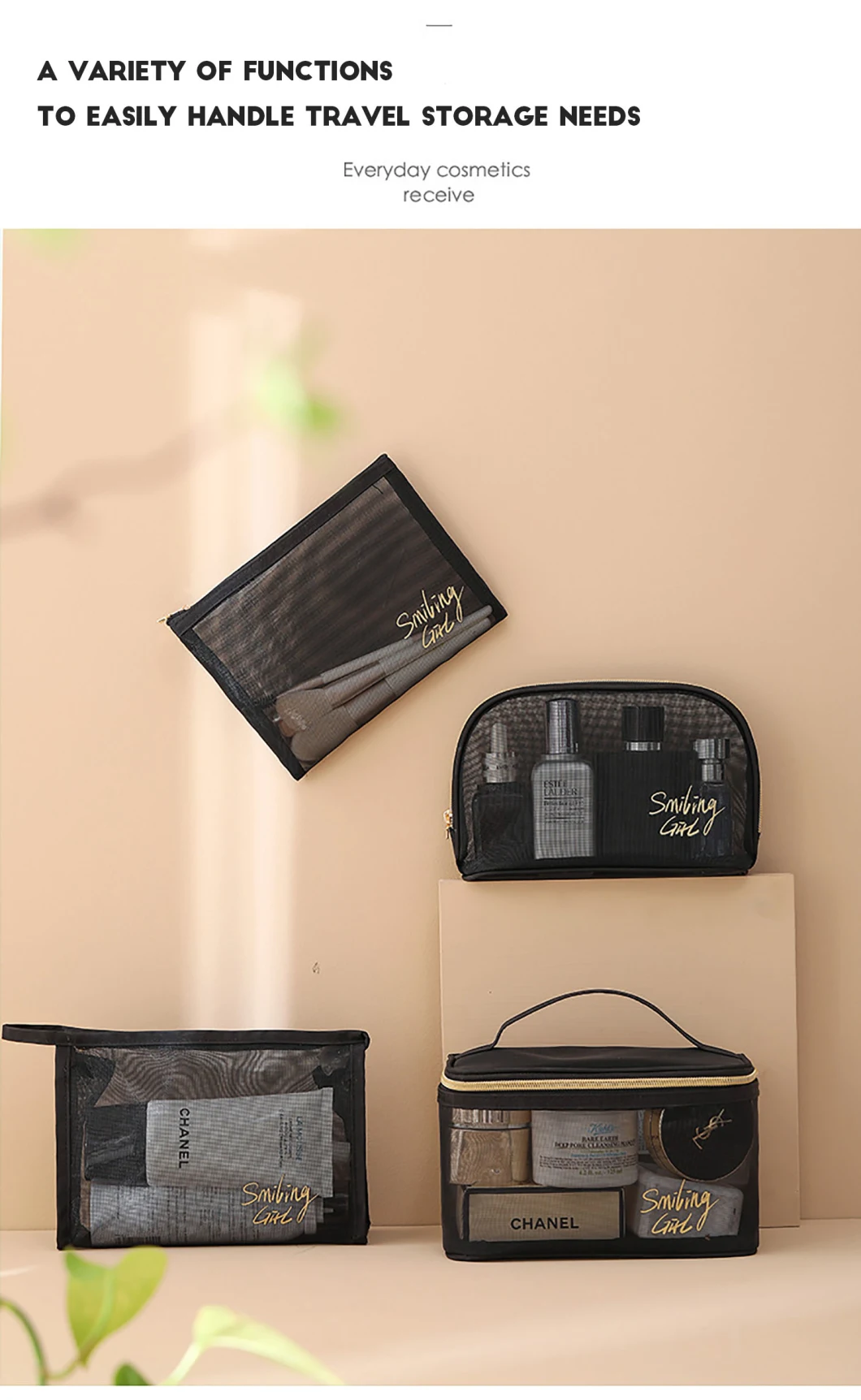 Tulle Black Large-Capacity Toiletry Travel Makeup Cosmetic Bag Organizer Bag Makeup Cosmetic Case