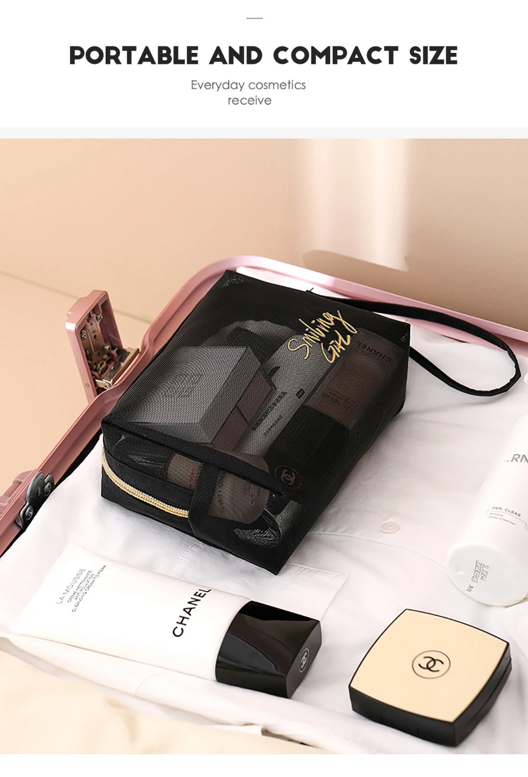 Tulle Black Large-Capacity Toiletry Travel Makeup Cosmetic Bag Organizer Bag Makeup Cosmetic Case