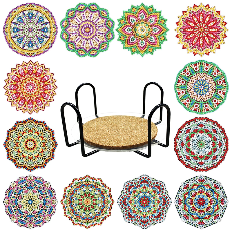 5D DIY Mandala Flower Christmas Animal Ocean 6/8/9/12/18 Pieces with Stand Holder Tea DIY Diamond Painting Coaster Set Kit