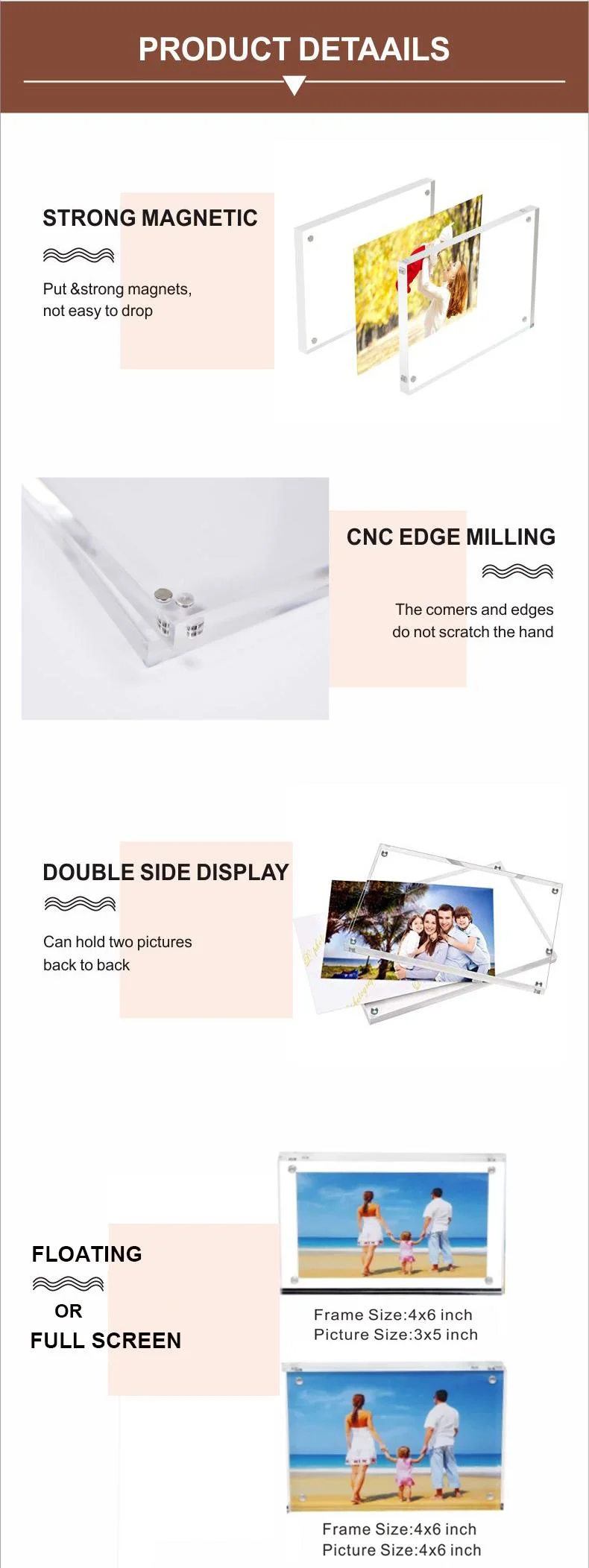 Custom Size 4&times; 6 8&times; 10 5&times; 7 Block Clear Double Sided A3 A4 A5 Desktop Magnetic Acrylic Photo Frame