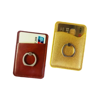 Adhesive Stick-on Mobile Phone ID Credit Card Holder Wallet Luxury Leather Cell Phone Card Holder with Ring