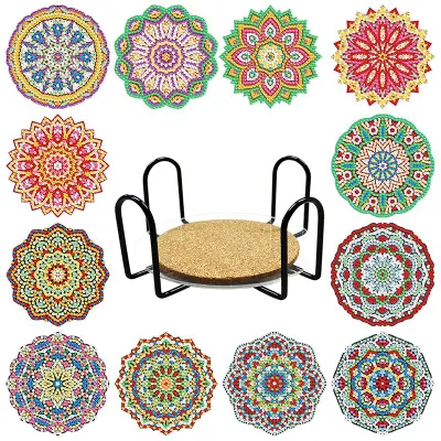 5D DIY Mandala Flower Christmas Animal Ocean 6/8/9/12/18 Pieces with Stand Holder Tea DIY Diamond Painting Coaster Set Kit