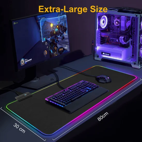 Gaming Mouse Pad Luminous RGB Gaming Keyboard Desktop Mouse Pad Anti-Slip Large Glowing Extended Soft Mouse Pad with Smooth Surface and Non-Slip Rubber Base